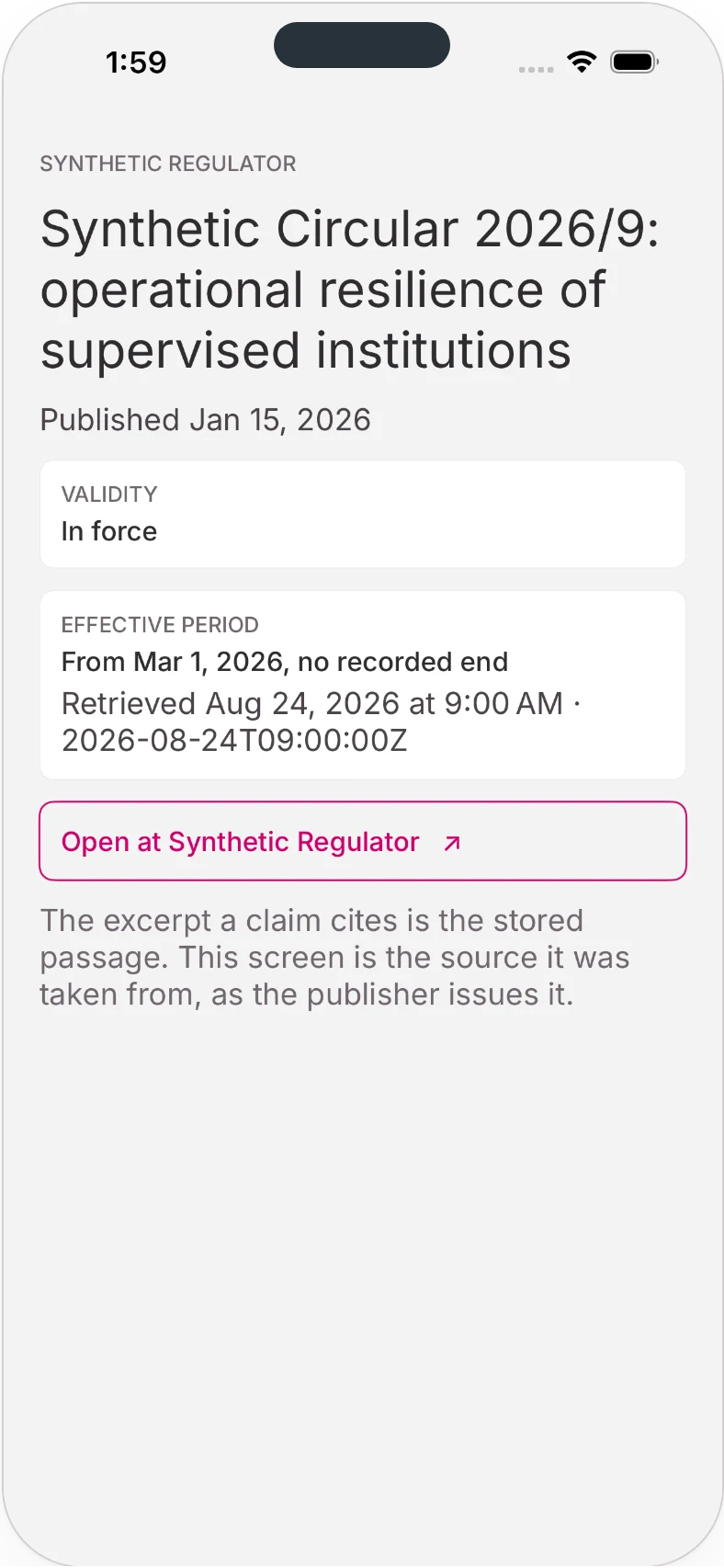 Folio's reader on an iPhone, synthetic example: a circular marked in force, with its publication and effective dates